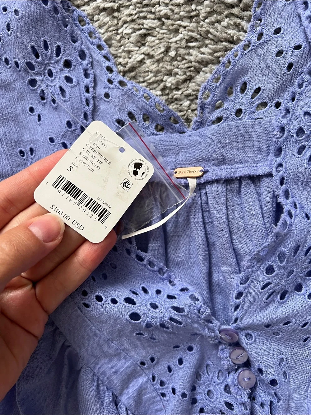 Free People Lavender Eyelet V-Neck Puff Sleeve Blouse
